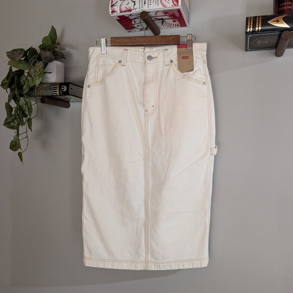 Levi's | High Rise Slit Ivory Cotton Denim Midi Skirt | 27 | NWT